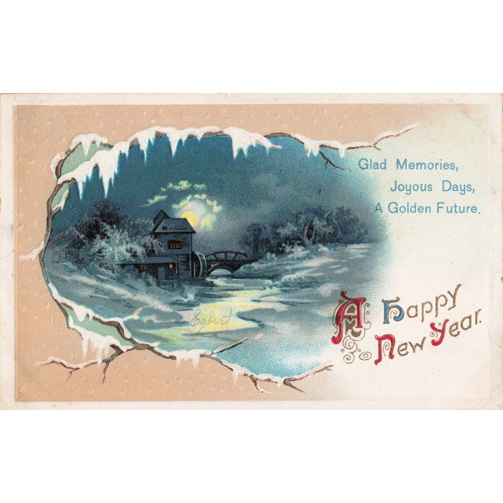Vtg 1911 Happy New Year Postcard Watermill Winter Scene Embossed Germany 1276 - Picture 1 of 2